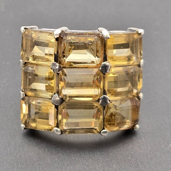 VTG Sterling Silver 9 Citrine Gemstone Ring Sz 6 Emerald Cut Statement Jewelry - Picture 2 of 13